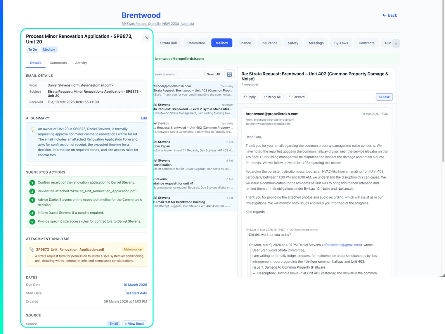 NEHLA Email Integration - per-building mailbox with AI summaries and suggested actions